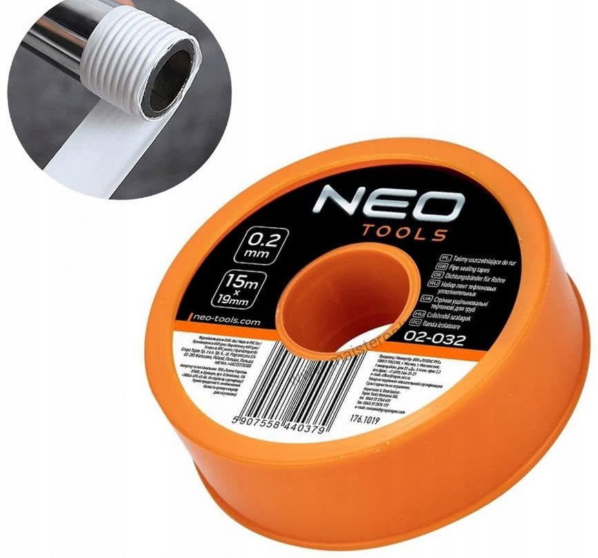 Taśma uszczelniająca do rur Neo Tools 02-032 15 m x 19 mm x 0,2 mm. fot. @NARZEDZIA-RAFMAR na Allegro Taśma uszczelniająca do rur Neo Tools 02-032 15 m x 19 mm x 0,2 mm. fot. @NARZEDZIA-RAFMAR na Allegro